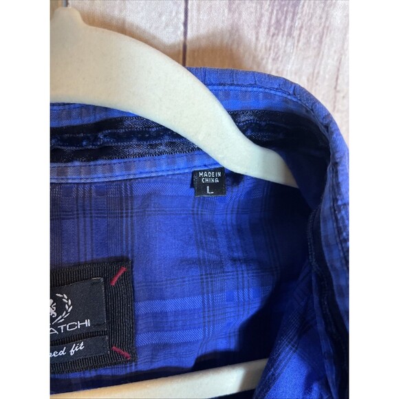 Bugatchi Dress Shirt Large Blue Plaid Paisley Contrast Flip Cuff Shape Fit - Picture 4 of 13